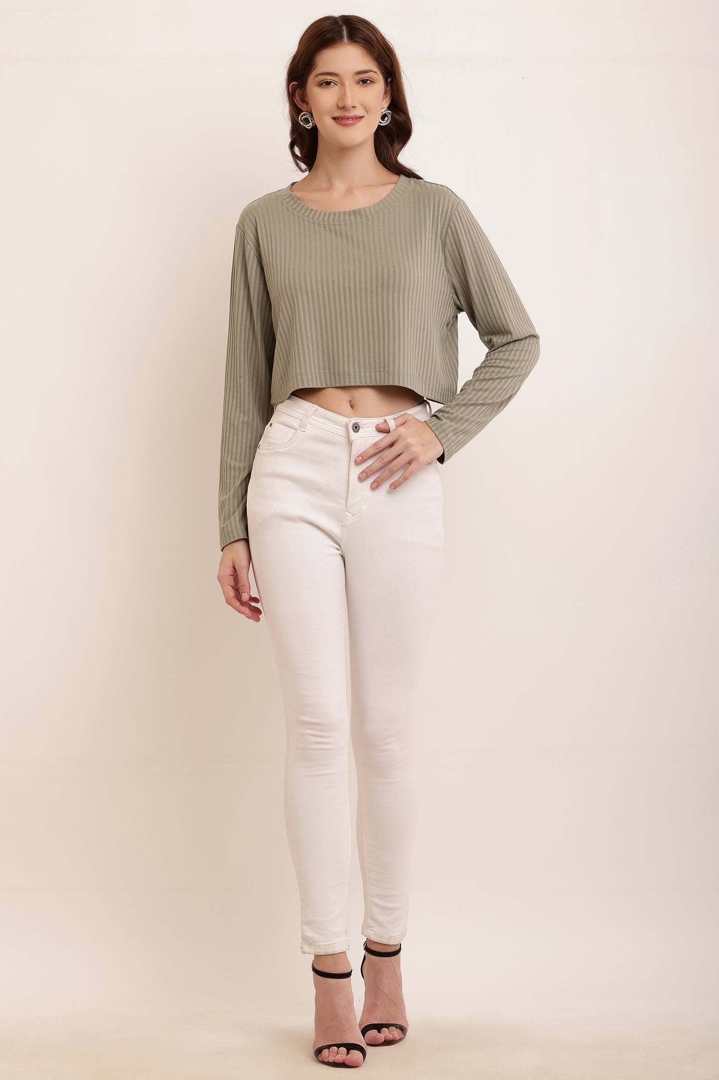 Cotton Full Sleeve with Round Neck Dark khaki Green Crop Top