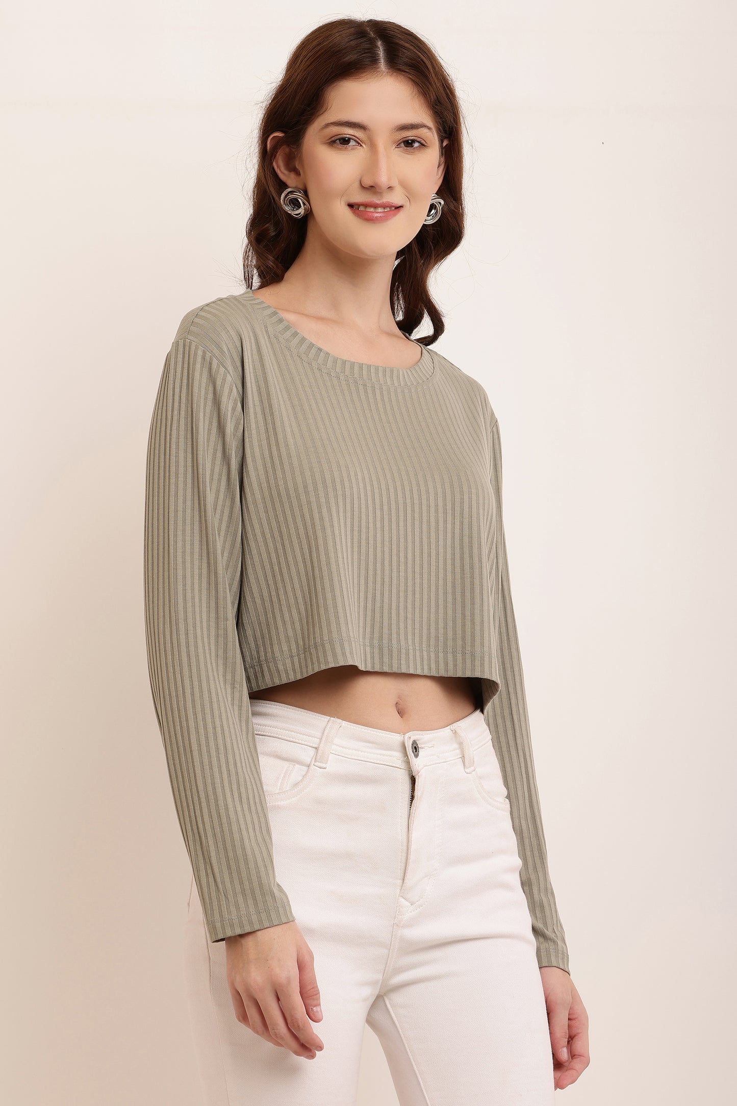 Cotton Full Sleeve with Round Neck Dark khaki Green Crop Top