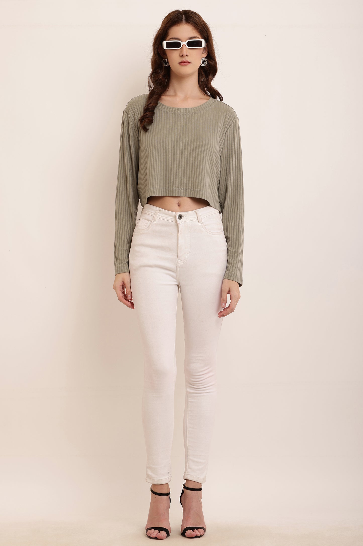 Cotton Full Sleeve with Round Neck Dark khaki Green Crop Top