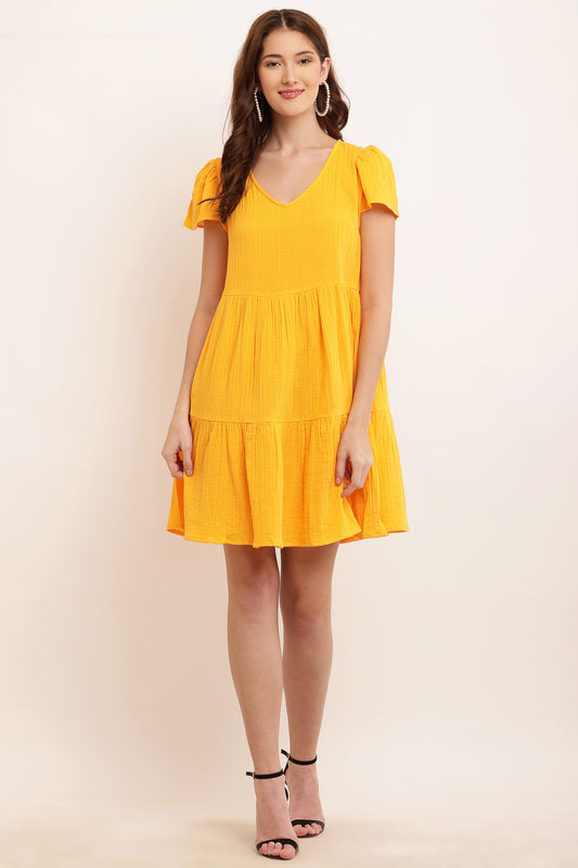 Cotton V-neck with Short Puff Sleeve Shift Yellow Dress