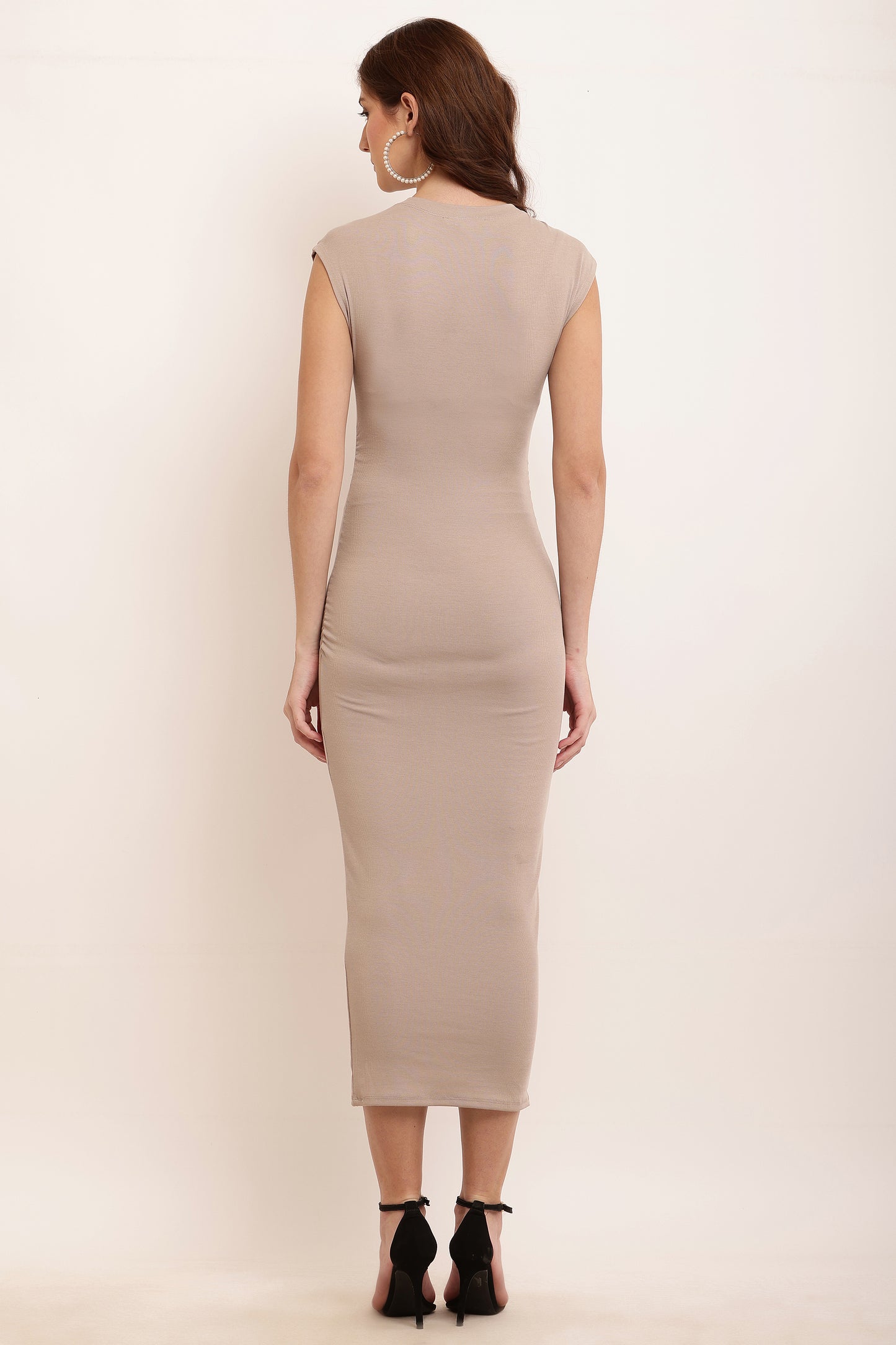 Polyester Round Neck with Sleeveless Knee Length stretchable Beige Dress