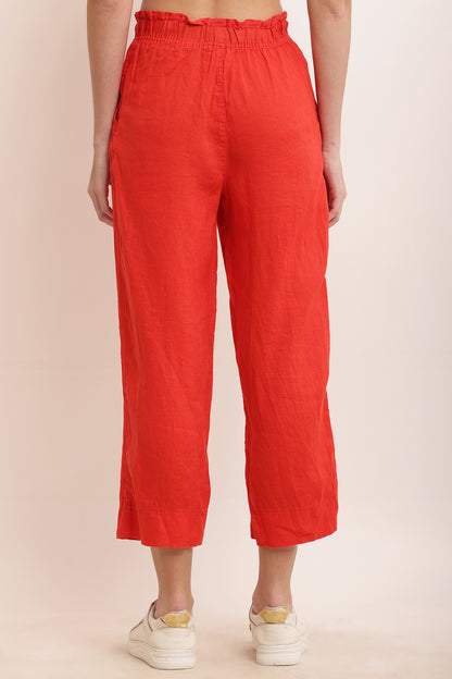 Cotton Relaxed Fit Solid Ankle length Red Trouser