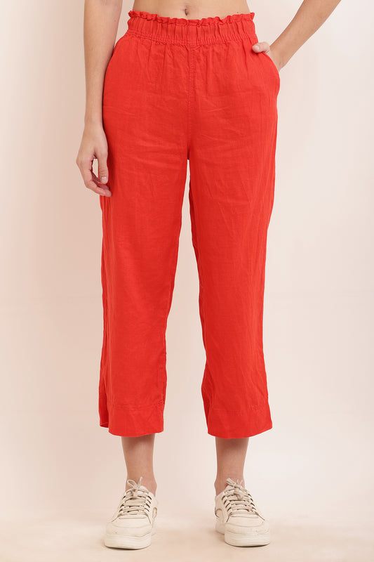 Cotton Relaxed Fit Solid Ankle length Red Trouser