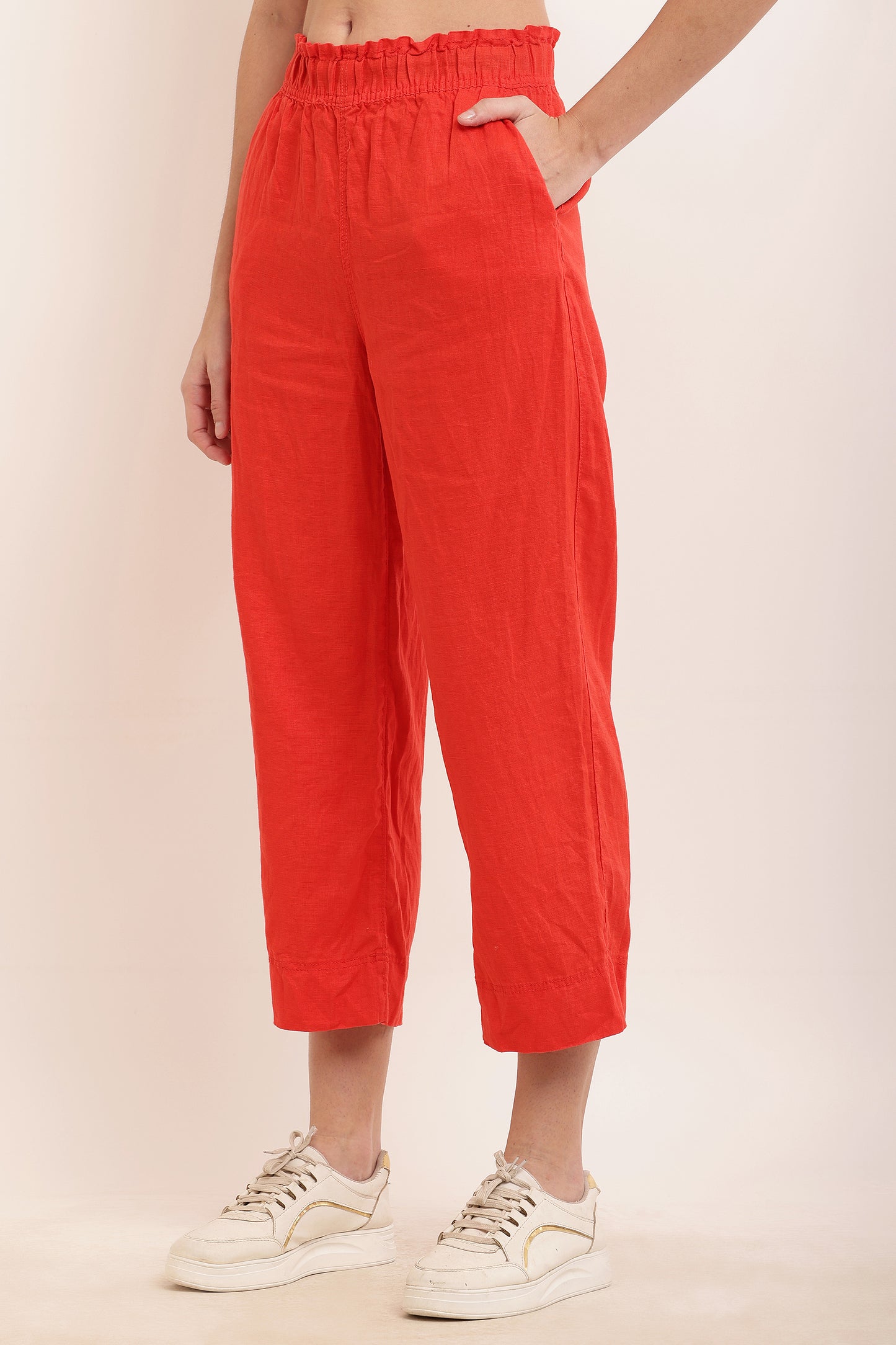 Cotton Relaxed Fit Solid Ankle length Red Trouser