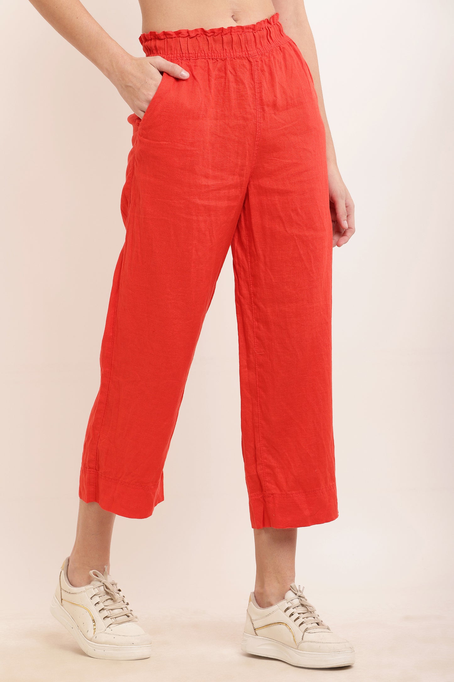 Cotton Relaxed Fit Solid Ankle length Red Trouser