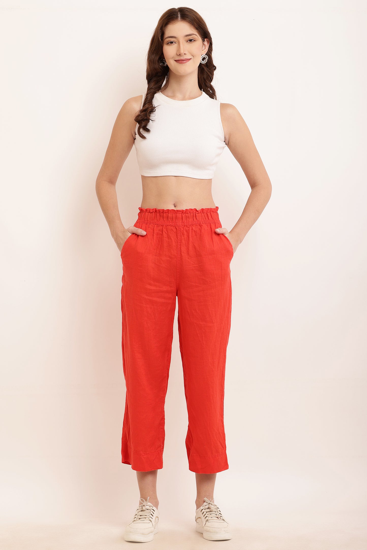 Cotton Relaxed Fit Solid Ankle length Red Trouser