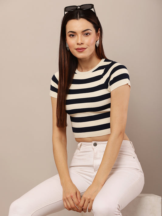 Viscose Short Sleeve with Crew neck cream and blue Stripe crop top