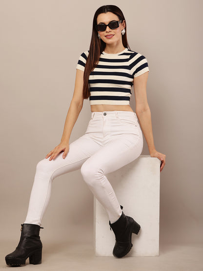 Viscose Short Sleeve with Crew neck cream and blue Stripe crop top