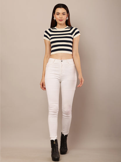 Viscose Short Sleeve with Crew neck cream and blue Stripe crop top