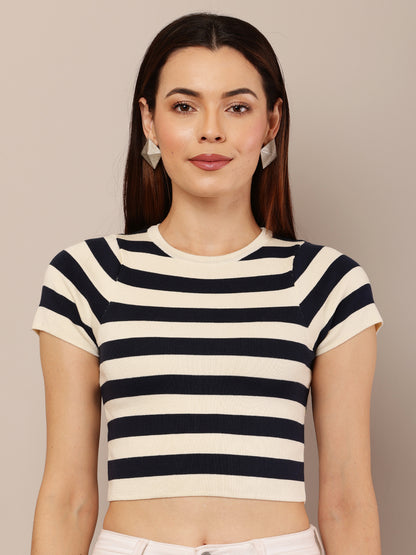 Viscose Short Sleeve with Crew neck cream and blue Stripe crop top