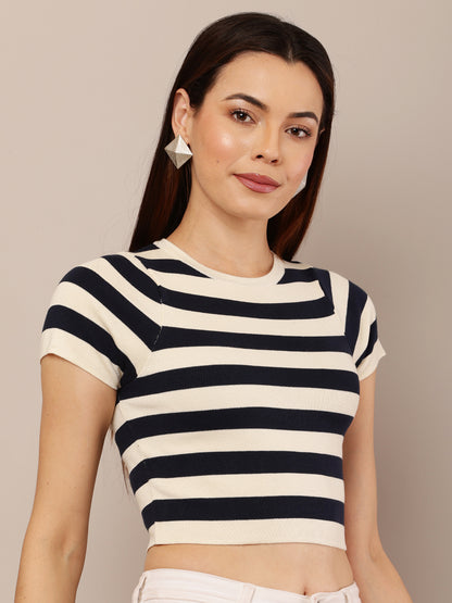 Viscose Short Sleeve with Crew neck cream and blue Stripe crop top