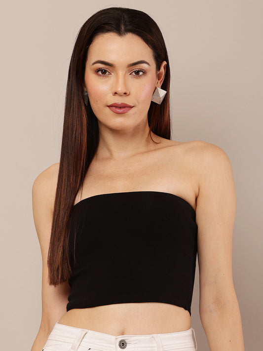 Ribbed Black Tube Top in Viscose Cotton with Off-Shoulder Stretch