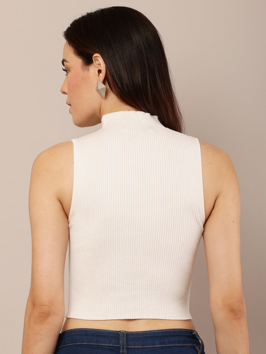 Sleeveless Fitted Ribbed Crop Top in Viscose with High Neck and White Accent