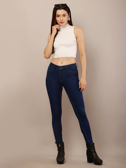 Sleeveless Fitted Ribbed Crop Top in Viscose with High Neck and White Accent