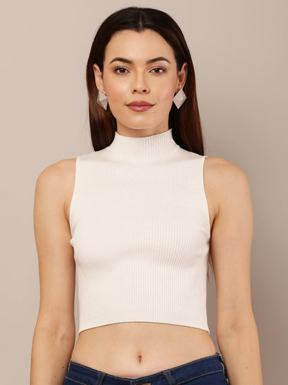 Sleeveless Fitted Ribbed Crop Top in Viscose with High Neck and White Accent