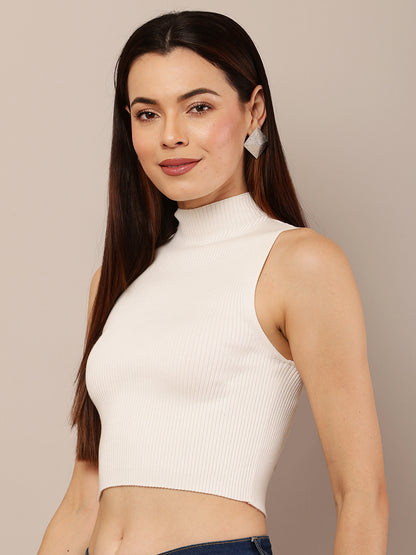 Sleeveless Fitted Ribbed Crop Top in Viscose with High Neck and White Accent