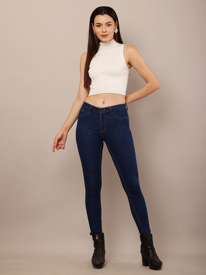 Sleeveless Fitted Ribbed Crop Top in Viscose with High Neck and White Accent