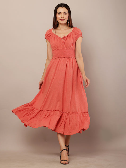 Cotton Off-Shoulder Midi Dress with Tied V-Neck and Flared Smock Waist 2 side pocket Dress