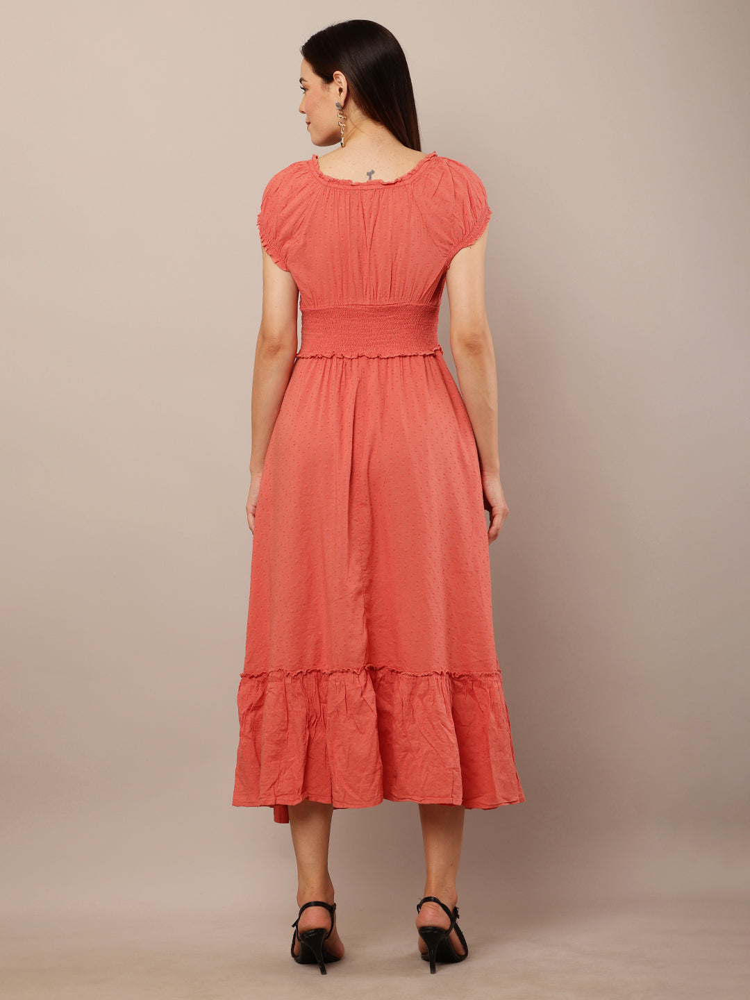 Cotton Off-Shoulder Midi Dress with Tied V-Neck and Flared Smock Waist 2 side pocket Dress