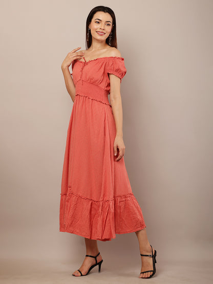 Cotton Off-Shoulder Midi Dress with Tied V-Neck and Flared Smock Waist 2 side pocket Dress