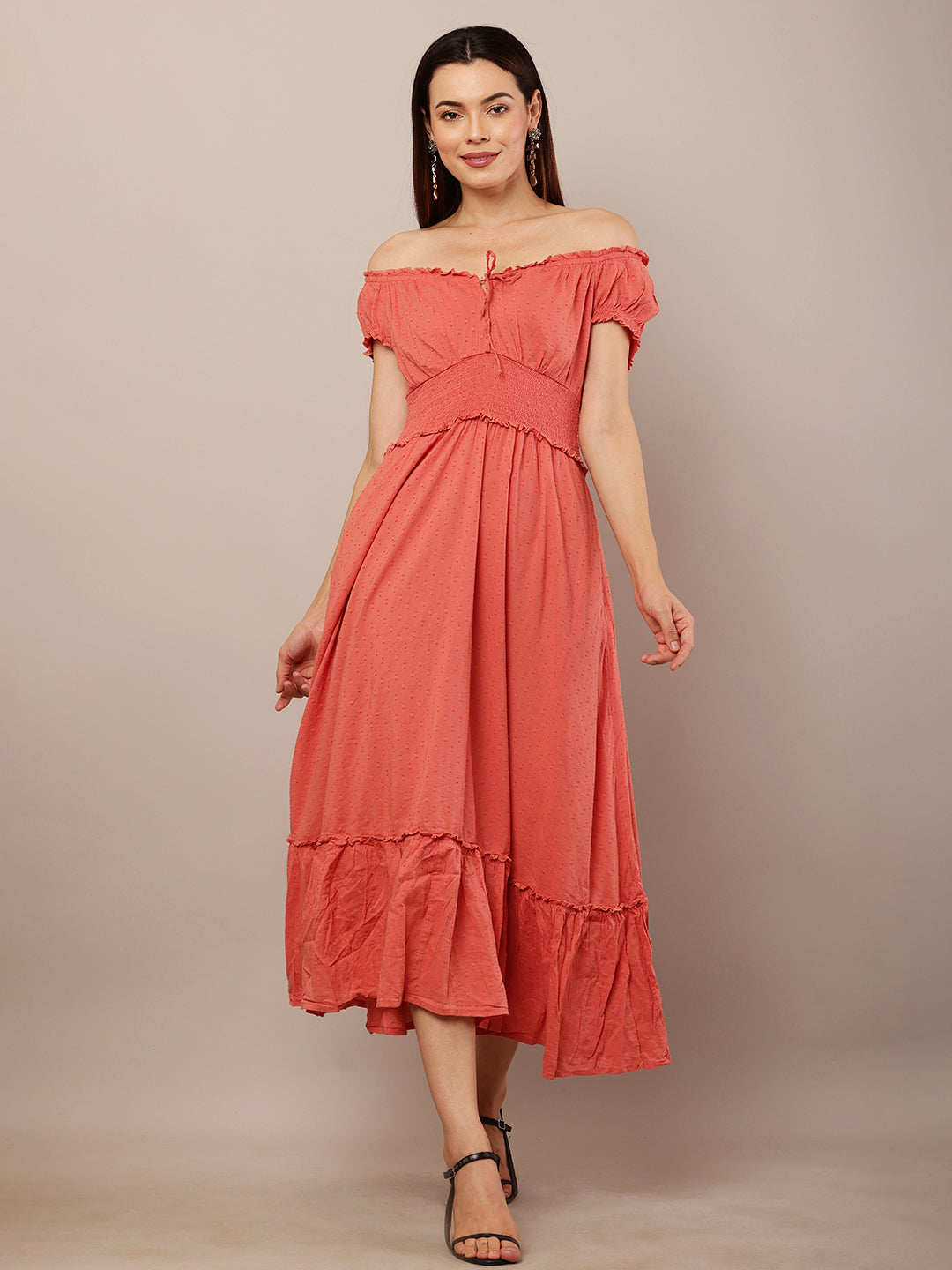 Cotton Off-Shoulder Midi Dress with Tied V-Neck and Flared Smock Waist 2 side pocket Dress