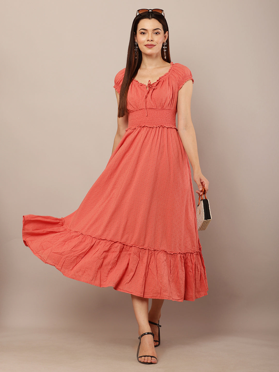 Cotton Off-Shoulder Midi Dress with Tied V-Neck and Flared Smock Waist 2 side pocket Dress