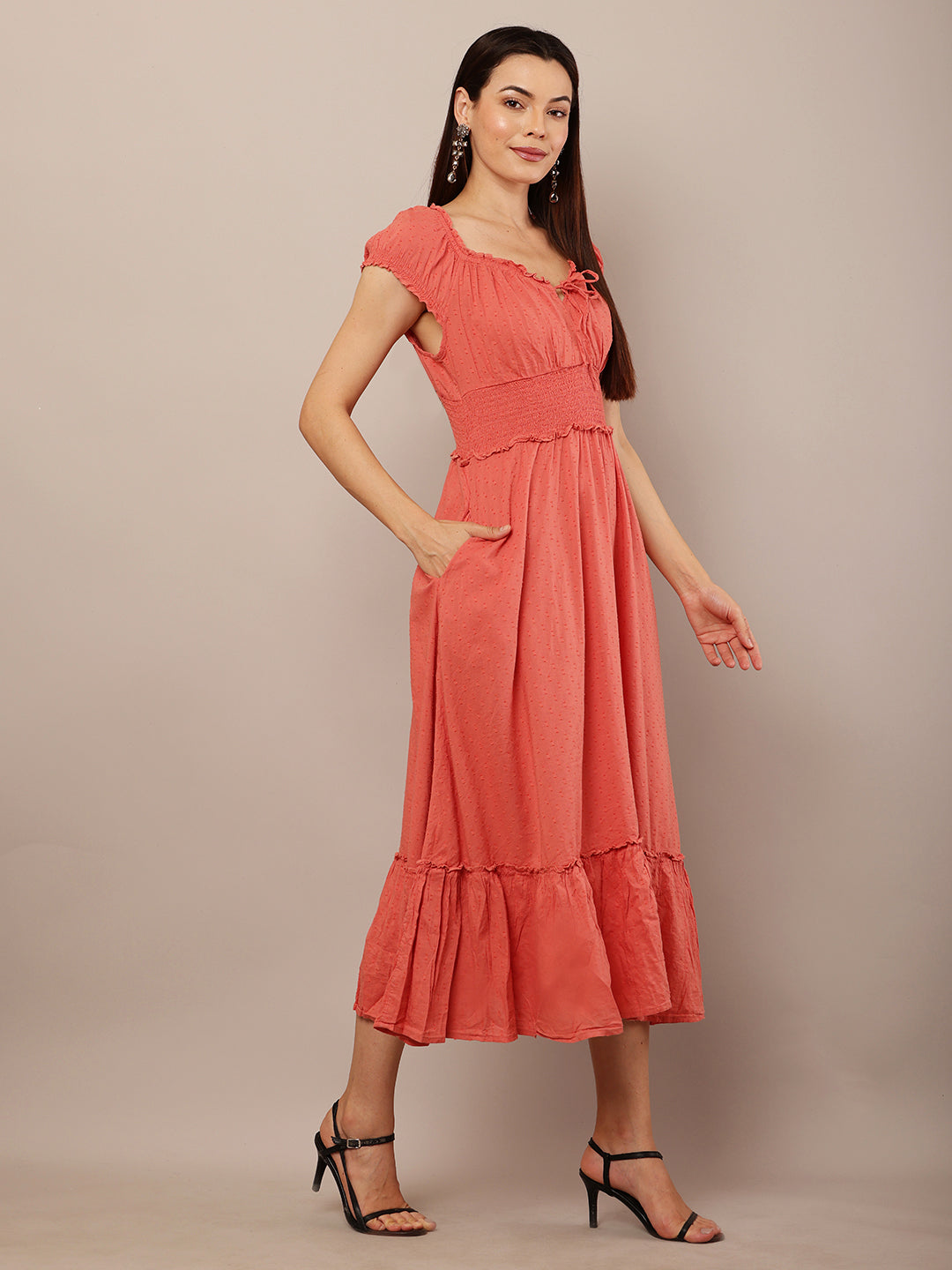 Cotton Off-Shoulder Midi Dress with Tied V-Neck and Flared Smock Waist 2 side pocket Dress