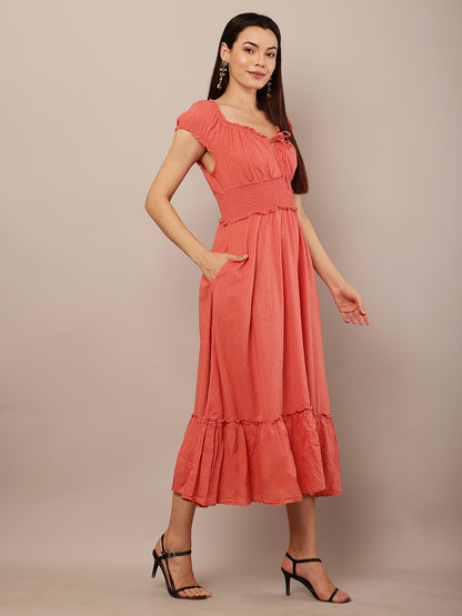 Cotton Off-Shoulder Midi Dress with Tied V-Neck and Flared Smock Waist 2 side pocket Dress