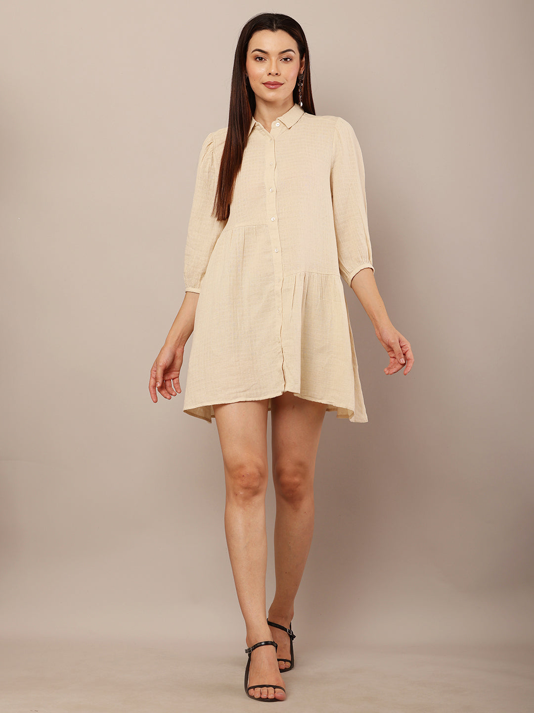 Cotton Long Sleeve with shirt collar Mini Length Beige Dress