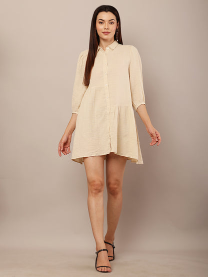 Cotton Long Sleeve with shirt collar Mini Length Beige Dress