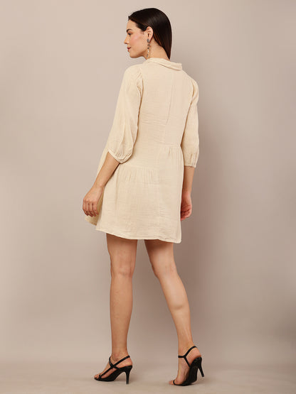 Cotton Long Sleeve with shirt collar Mini Length Beige Dress