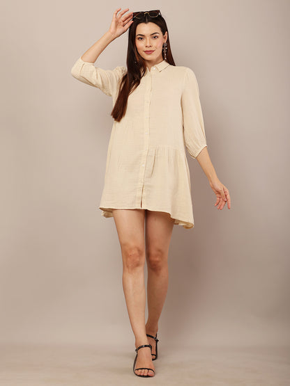 Cotton Long Sleeve with shirt collar Mini Length Beige Dress