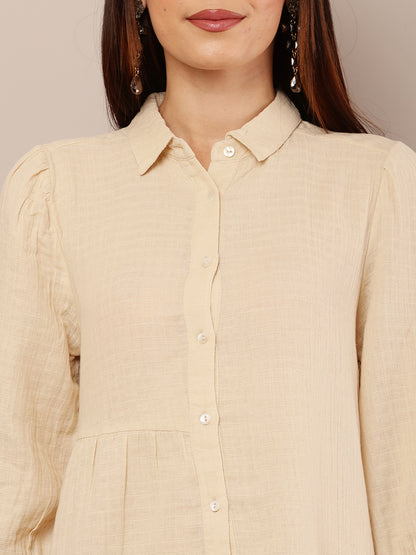 Cotton Long Sleeve with shirt collar Mini Length Beige Dress