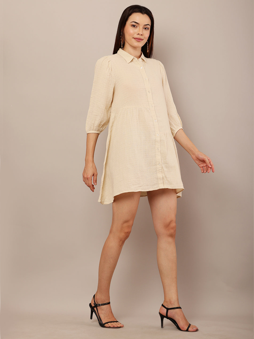 Cotton Long Sleeve with shirt collar Mini Length Beige Dress