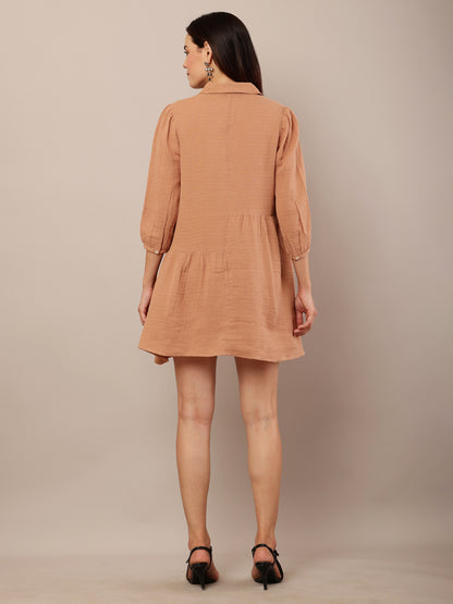 Cotton Long Sleeve with shirt collar Mini Length Brown Dress