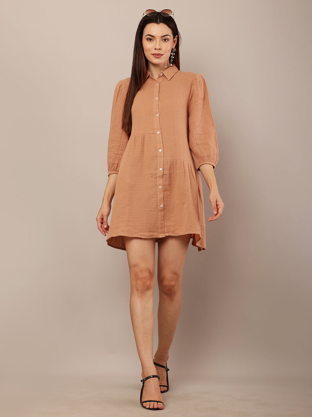 Cotton Long Sleeve with shirt collar Mini Length Brown Dress