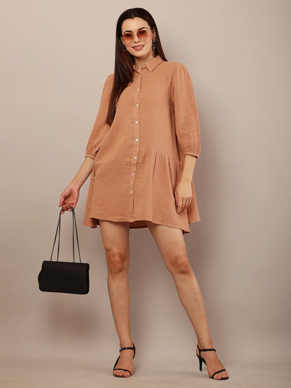 Cotton Long Sleeve with shirt collar Mini Length Brown Dress