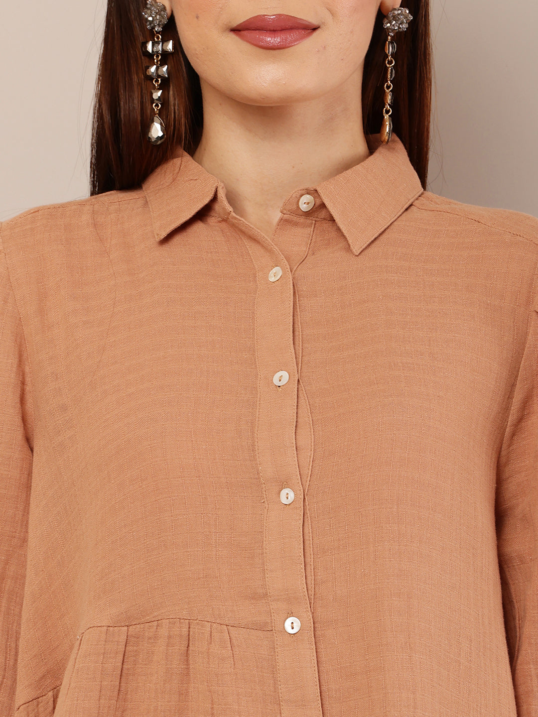 Cotton Long Sleeve with shirt collar Mini Length Brown Dress