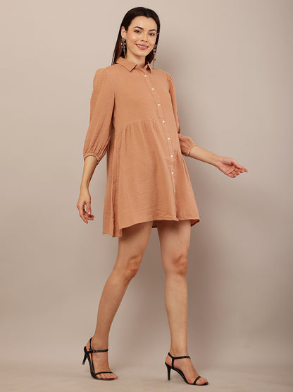 Cotton Long Sleeve with shirt collar Mini Length Brown Dress