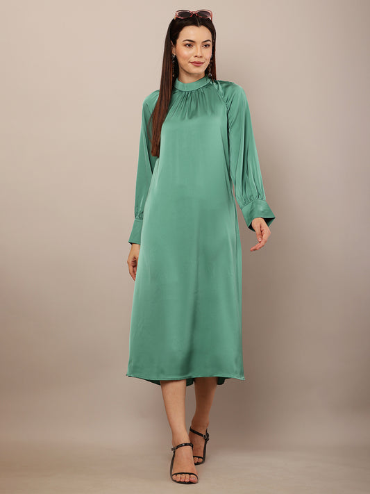 Dark Turquoise Polyester Satin Dress with Balloon Sleeves, Turtle Neck, and Fit-and-Flare Design