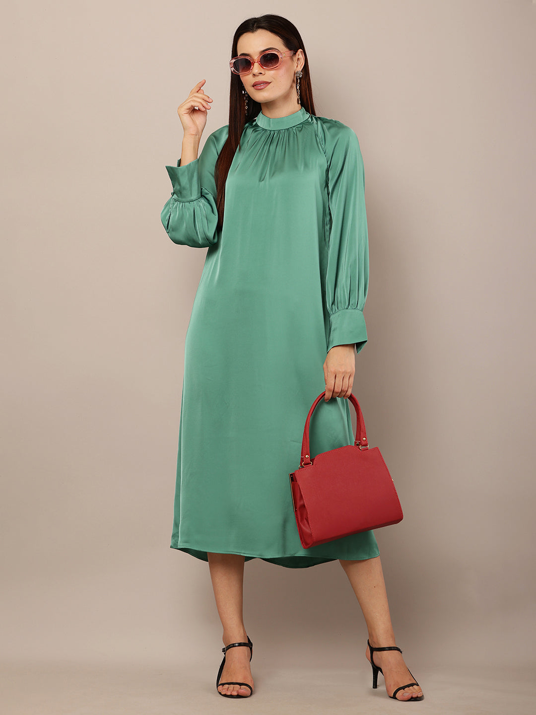 Dark Turquoise Polyester Satin Dress with Balloon Sleeves, Turtle Neck, and Fit-and-Flare Design