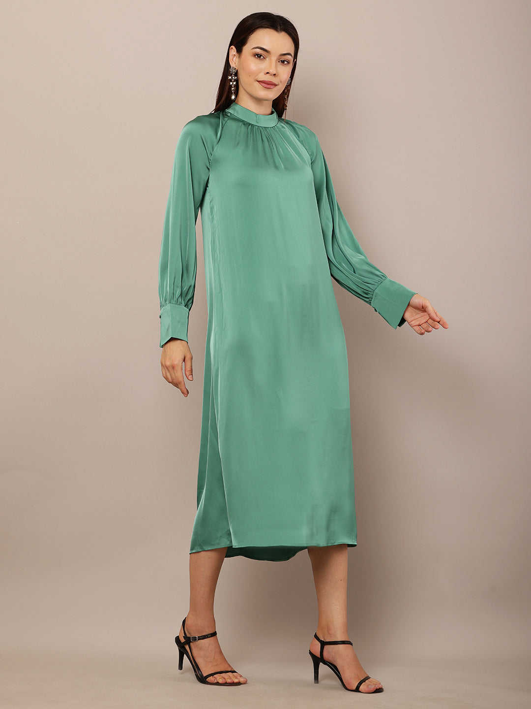 Dark Turquoise Polyester Satin Dress with Balloon Sleeves, Turtle Neck, and Fit-and-Flare Design