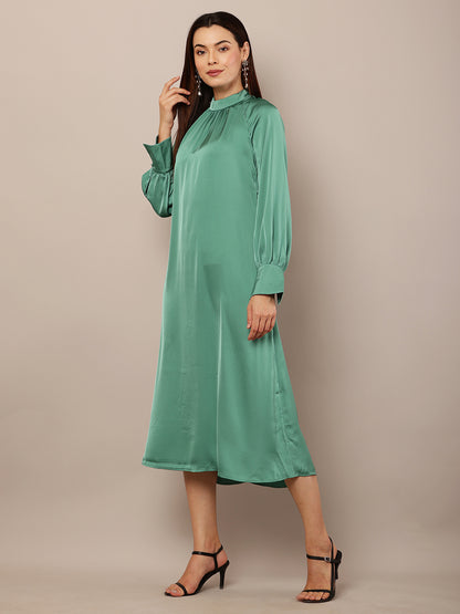 Dark Turquoise Polyester Satin Dress with Balloon Sleeves, Turtle Neck, and Fit-and-Flare Design