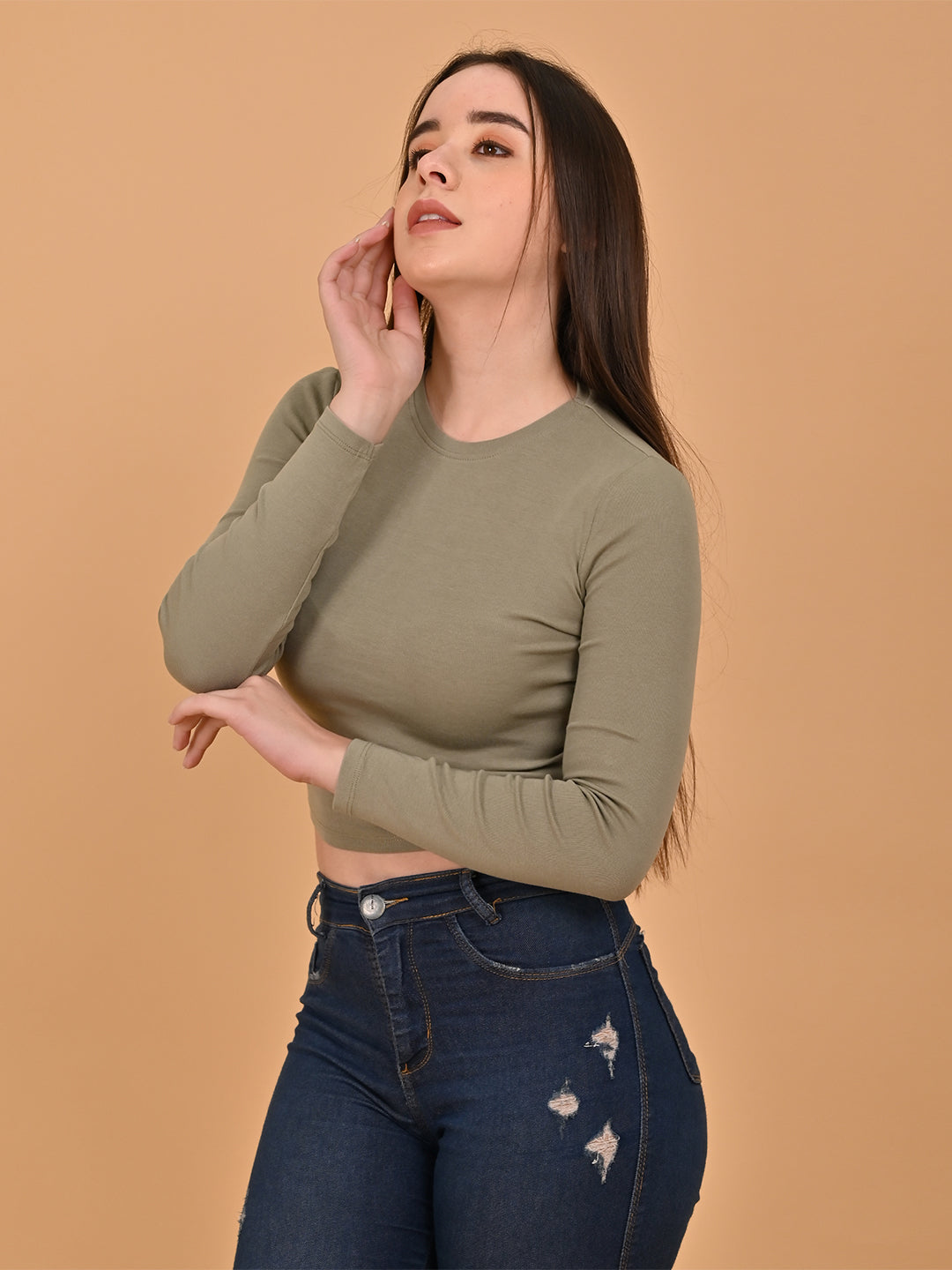 Polyester Olive Green Solid Fitted Crop Top