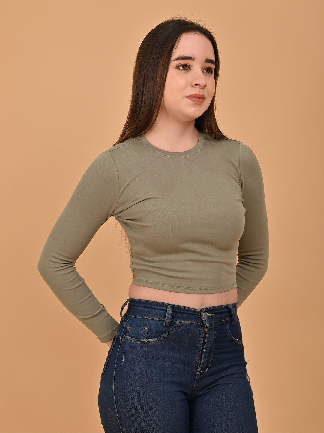 Polyester Olive Green Solid Fitted Crop Top