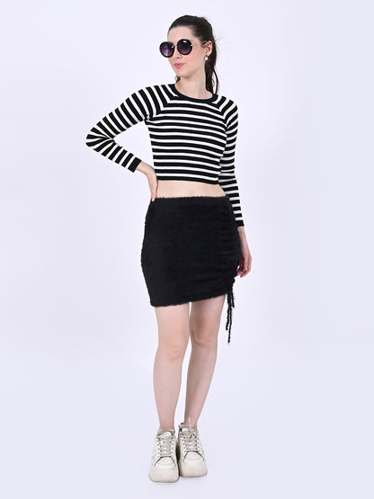 Cotton Raglan Full Sleeve with Round Neck stretchable Striped Black Crop Top