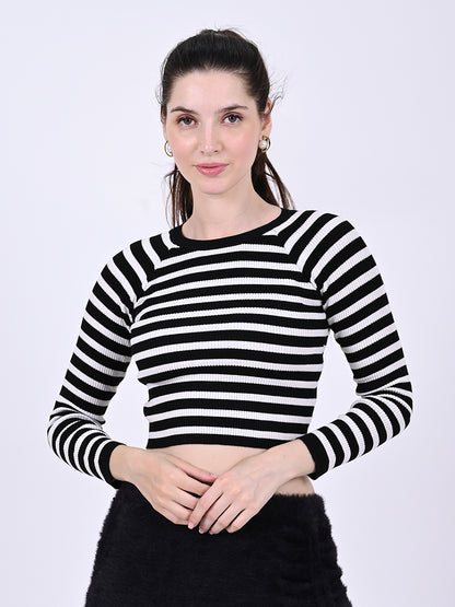 Cotton Raglan Full Sleeve with Round Neck stretchable Striped Black Crop Top