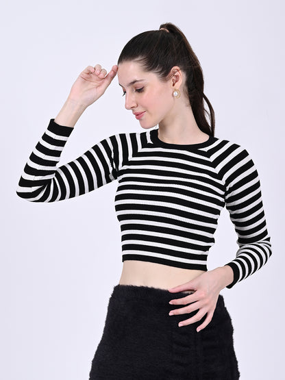 Cotton Raglan Full Sleeve with Round Neck stretchable Striped Black Crop Top