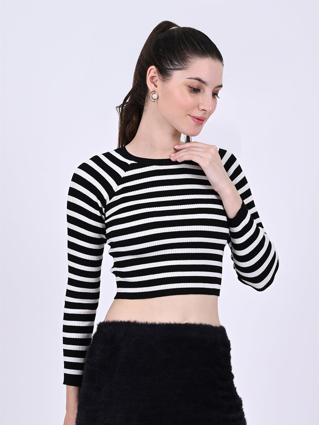 Cotton Raglan Full Sleeve with Round Neck stretchable Striped Black Crop Top