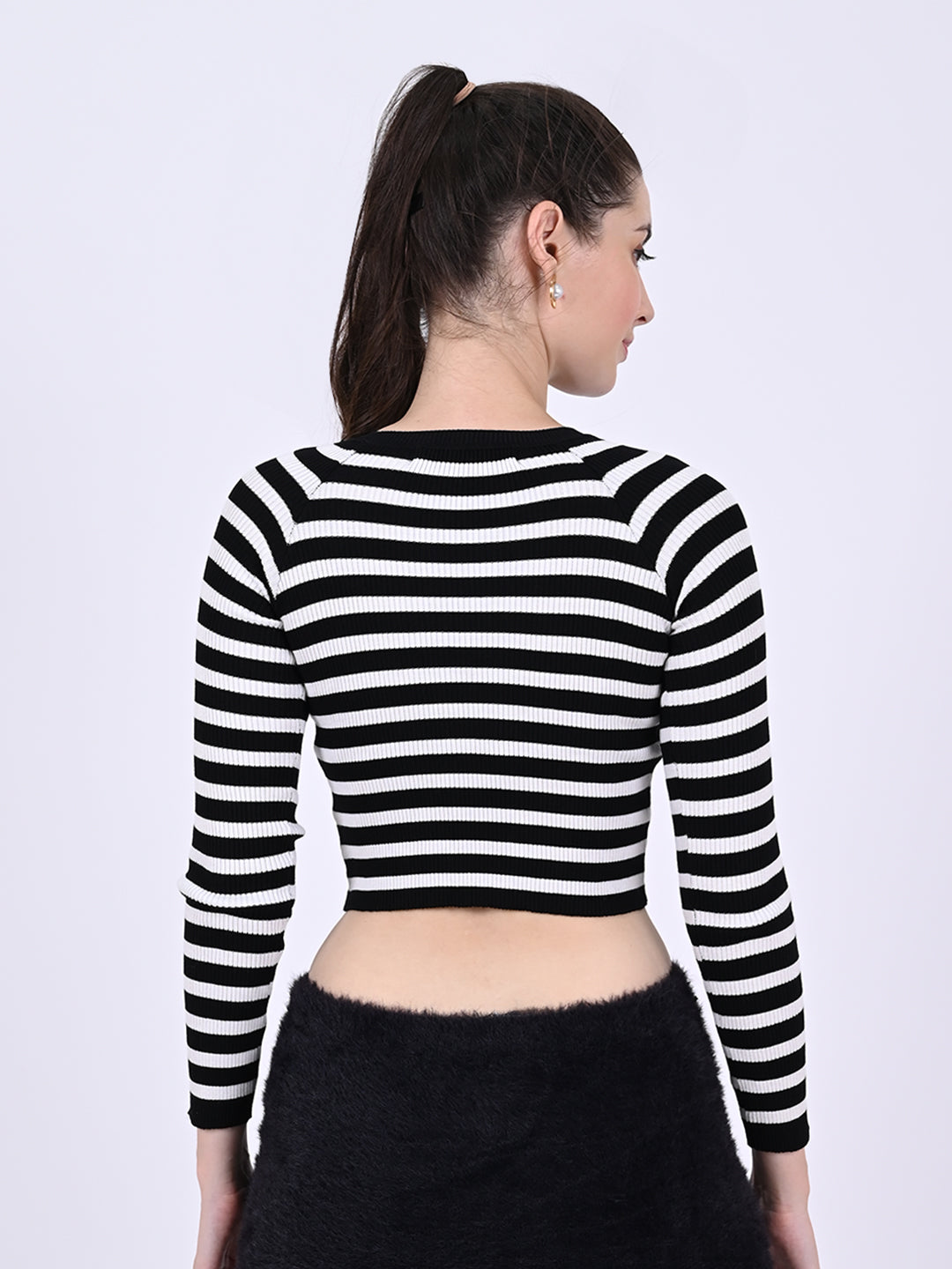 Cotton Raglan Full Sleeve with Round Neck stretchable Striped Black Crop Top